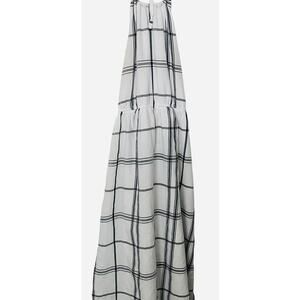 FOREVER 21 SLEEVELESS HALTER FIT & FLARE WAIST DRESS, WOMENS, L, BLACK/WHITE GEO